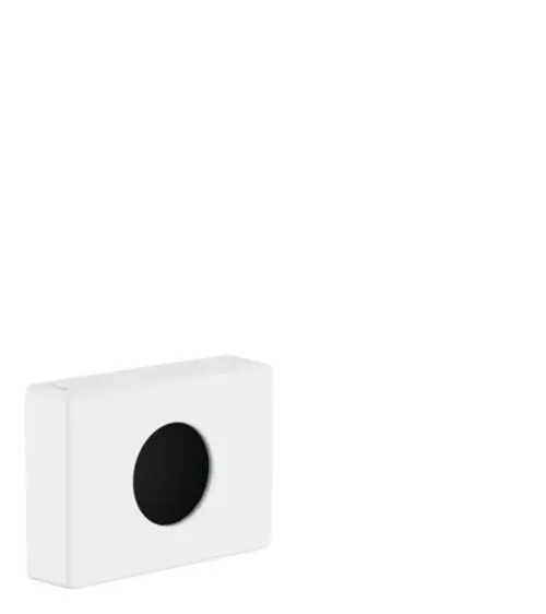 Hygienebeutelspender in Weiß mit runder Öffnung, präsentiert von Hansgrohe. Das Produkt hat eine schlichte, rechteckige Form und ist für die Wandmontage geeignet.